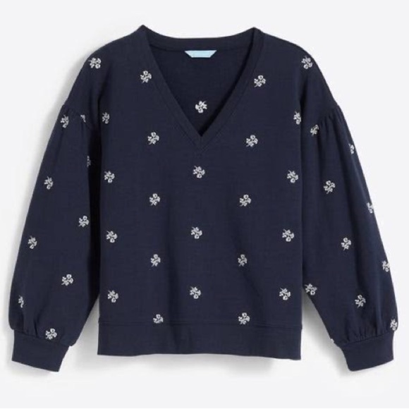 Draper James Bobbie V-Neck Sweater in Navy Embroidered Small Cotton - Picture 1 of 7